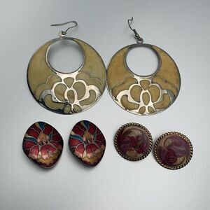 Vintage SET of 3 PAIRS of Gorgeous Hues ENAMELED-METAL earrings, Unmarked